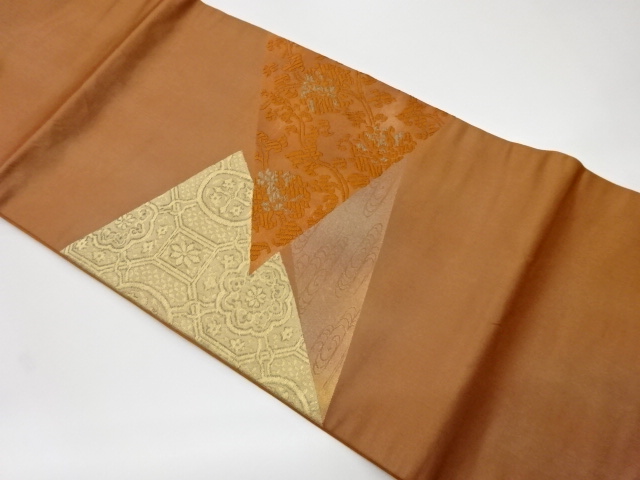 リサイクル　切り嵌め風草花に蜀江文織出し開き名古屋帯（額縁仕立て）